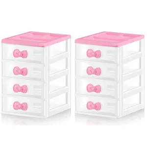 2 Pack Storage Cabinets Kawaii Makeup Organizer 4 Layers Cute Storage Cabinet Box with Bow Handle Plastic Desktop Storage Box for Home Bedroom Bathroom Women Gifts