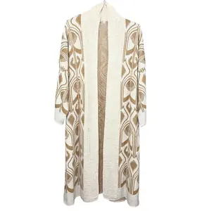 Modest Muslim Women’s Abstract Turkish Tulip Long Knitted Cardigan - Beige & Creme