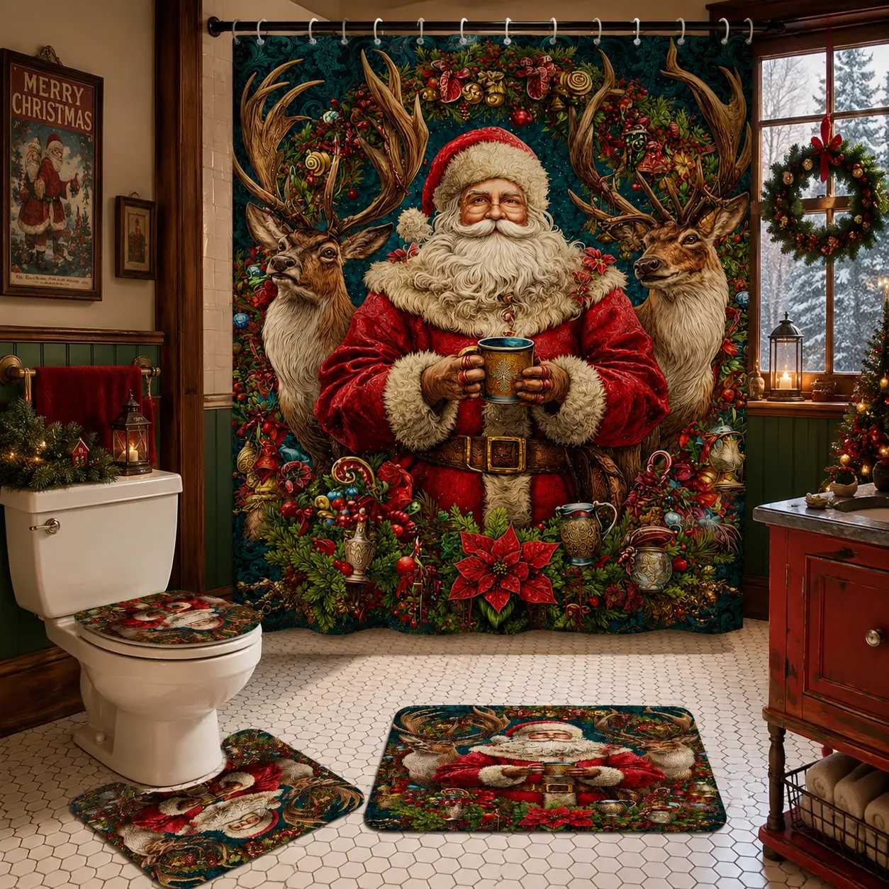 4 Piece Vintage Christmas Santa Reindeer Shower Curtain Set with Bath Mat, Toilet Lid Cover, U-Shaped Rug and 12 Hooks, Poinsettia Wreath Festive Farmhouse Bathroom Decor, 71 x 71 in