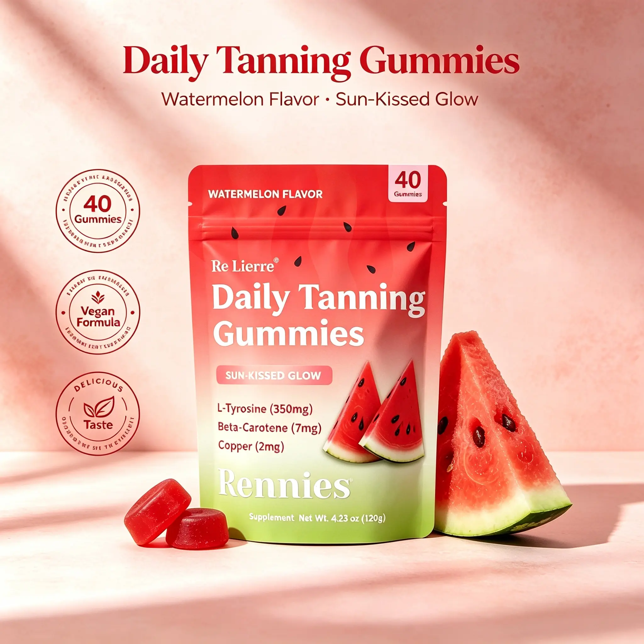 Natural Chewable Tanning Vitamin Dietary Supplement with Astaxanthin, Lycopene, Beta Carotene - Prop 65 Safe, 2x Daily Dose, 10-Min Sunbathing Support, Sun Protection, Sweet & Sour Flavor, Radiance Boost, Radiant Light Beige, Natural Ingredients