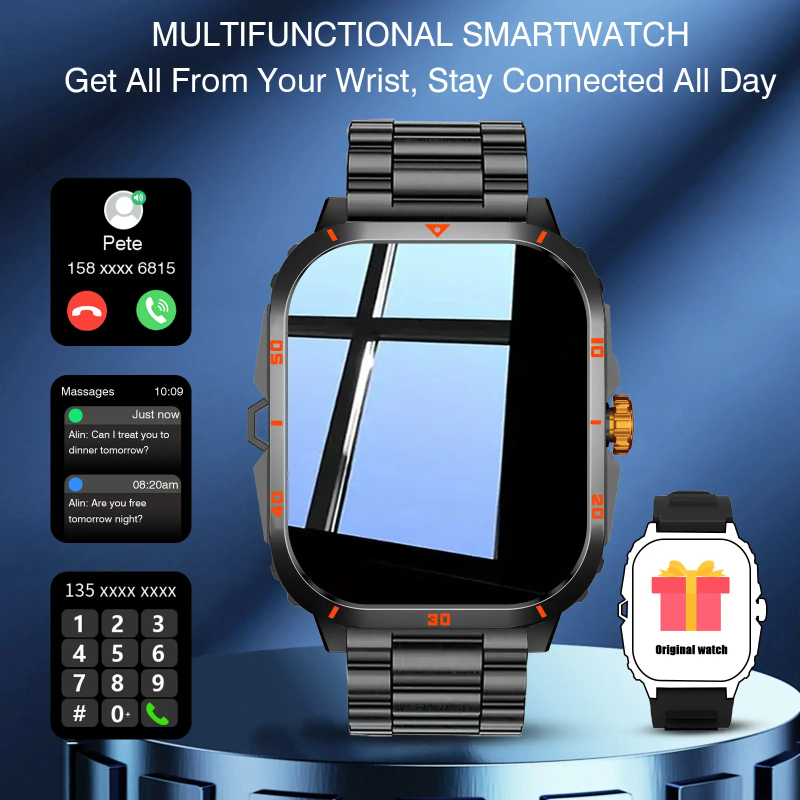 Smartwatch with Led Light - Wireless Call, Message Notification & Reminder, Pedometer, Multiple Sports Modes for Daily Fitness, Weather Forecast, Wireless Connection, Unisex, Great Gift Option