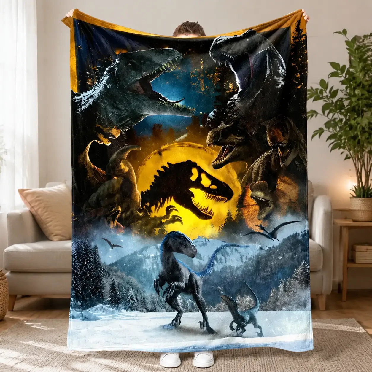 Custom Dinosaur Blanket for Kids Boys, T-Rex & Raptor Flannel Throw Blanket, Soft Cozy Lightweight Plush for Bed Couch Bedroom, Jurassic Dinosaur Room Decor, Birthday Christmas Gift
