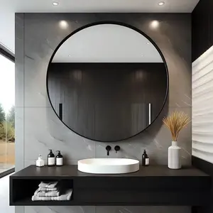 Black Framed Round Mirror, 36'' Dia. Bathroom Vanity Mirror, Circular Wall Mirror with Metal Frame Black Framed Round Mirror, 36'' Dia. Bathroom Vanity Mirror, Circular Wall Mirror with Metal Frame
