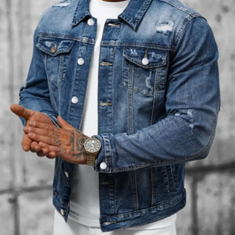 Stylish Streetwear Men Ripped Distressed Slim Denim Jacket Male Casual Jean Jacket Coat Menswear Tops Long Sleeve Slim Street Style Denim Jacket DFYD