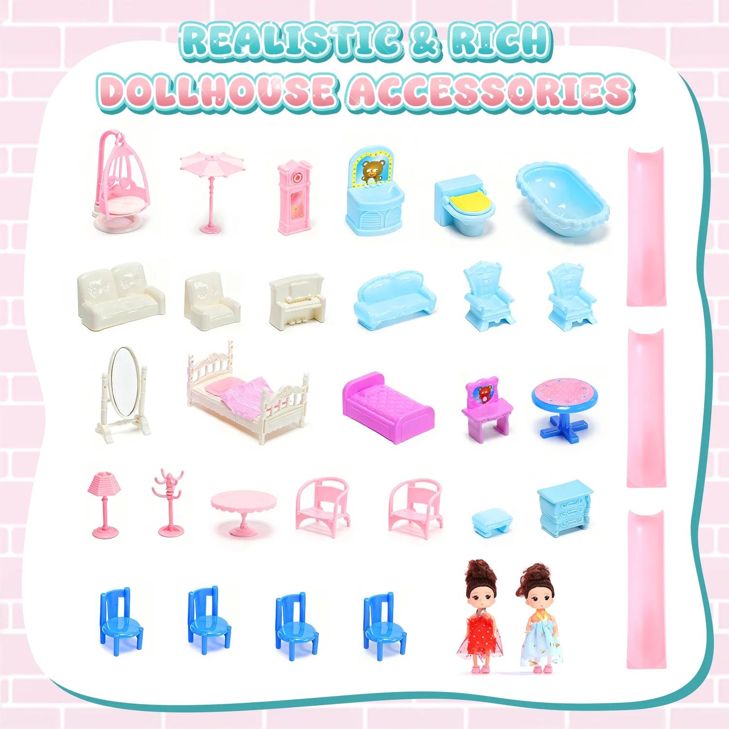 Play Dollhouse with Doll Toy Figures, 14 Rooms Furniture and Colorful Lights, Creative Doll House Gift for Girls Ages 3+, Assemble Required, Pink Play Dollhouse with Doll Toy Figures, 14 Rooms Furniture and Colorful Lights, Creative Doll House Gift for Girls Ages 3+, Assemble Required, Pink