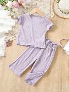 Girls' Spring/autumn Casual Sportswear Set, Casual Summer Set, Short Sleeve Top & Loose Long Pants, Suitable for Toddler 9m-6y, Daily Wear & Picnic
