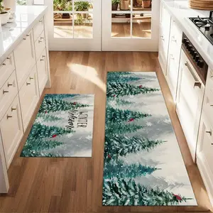 2Pcs Winter Cedar Bird Floor Mat Set Farmhouse Kitchen Rug Dining Room Flooring Laundry Room Decor Carpet Mat Home Decorative Rug