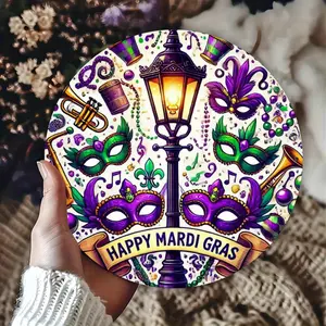 2D Flat, Vibrant Mardi Gras Metal Wall Art - 8x8 Inch Round Aluminum Sign with Mask, Lantern & Music Theme, Perfect for Home, Farmhouse, Bar & Club Decor, Ideal for Christmas & Halloween, Mardi Gras Decorations