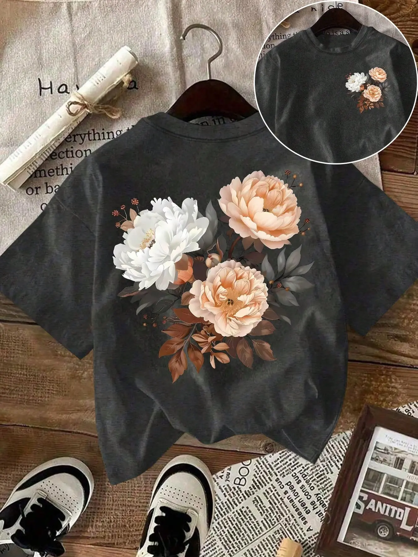 Vintage Peony Floral Baggy Oversized Fit Short T-Shirt, Double-Sided Flower Graphic Casual Style Tee, Elegant Boho Bohemian Summer Top for Daily Wear Everyday