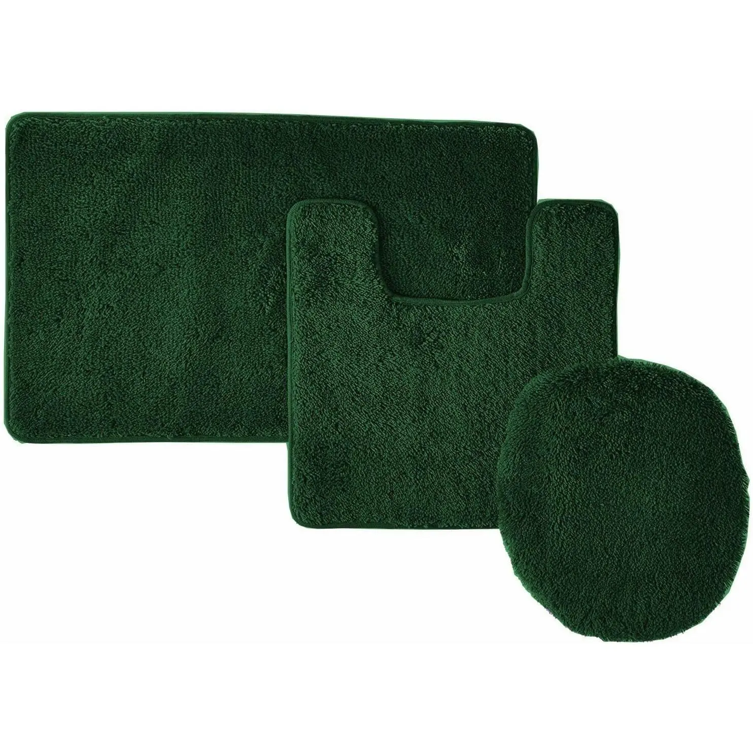 Hunter Green Contoured 3-Piece Bathroom Rug Set Pack - 2 High-Pile Rectangle Bath Mats, 1 Rectangle Toilet Seat Cover for Any Room, Bathroom Mats