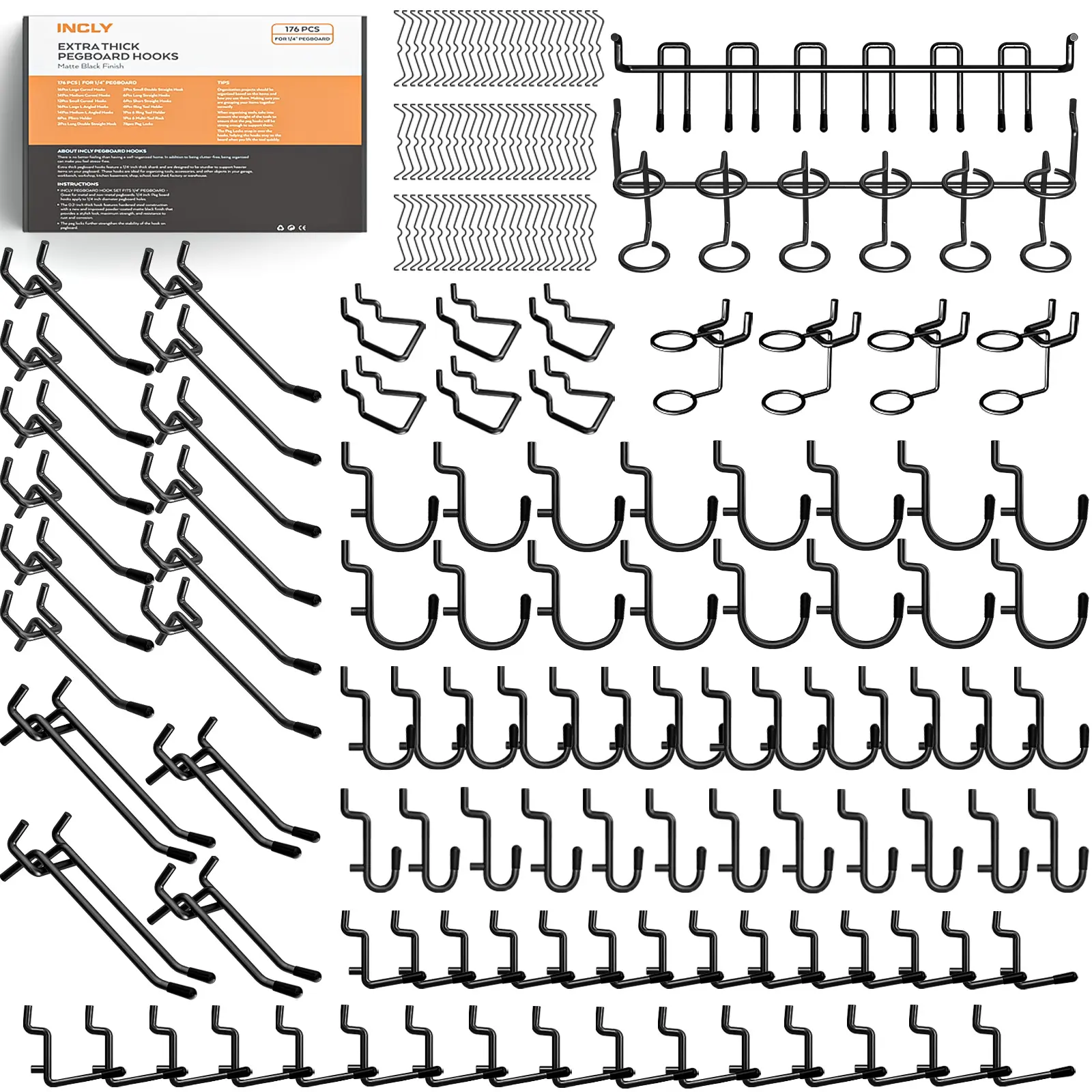 INCLY 176 Packs Extra Thick Black Pegboard Hooks Set, 1/4" Heavy Duty Metal Peg Board Hook Assortment with Peg Lock Pegboard Accessories for Garage Wall Organizer Hanging Tools