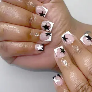 24pcs French Manicure Set, Star Pattern Square Nail Tips Kit, Glossy Finish, Nude Base with Glitter, Perfect for Women and Girls