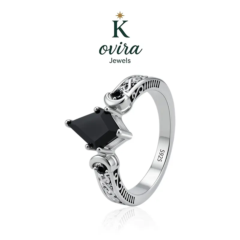 Kovira S925 Sterling Silver Princess Cut Black Obsidian Ring, Vintage Gothic Filigree Statement Jewelry, Birthday Anniversary Valentine’s Day Gift for Her