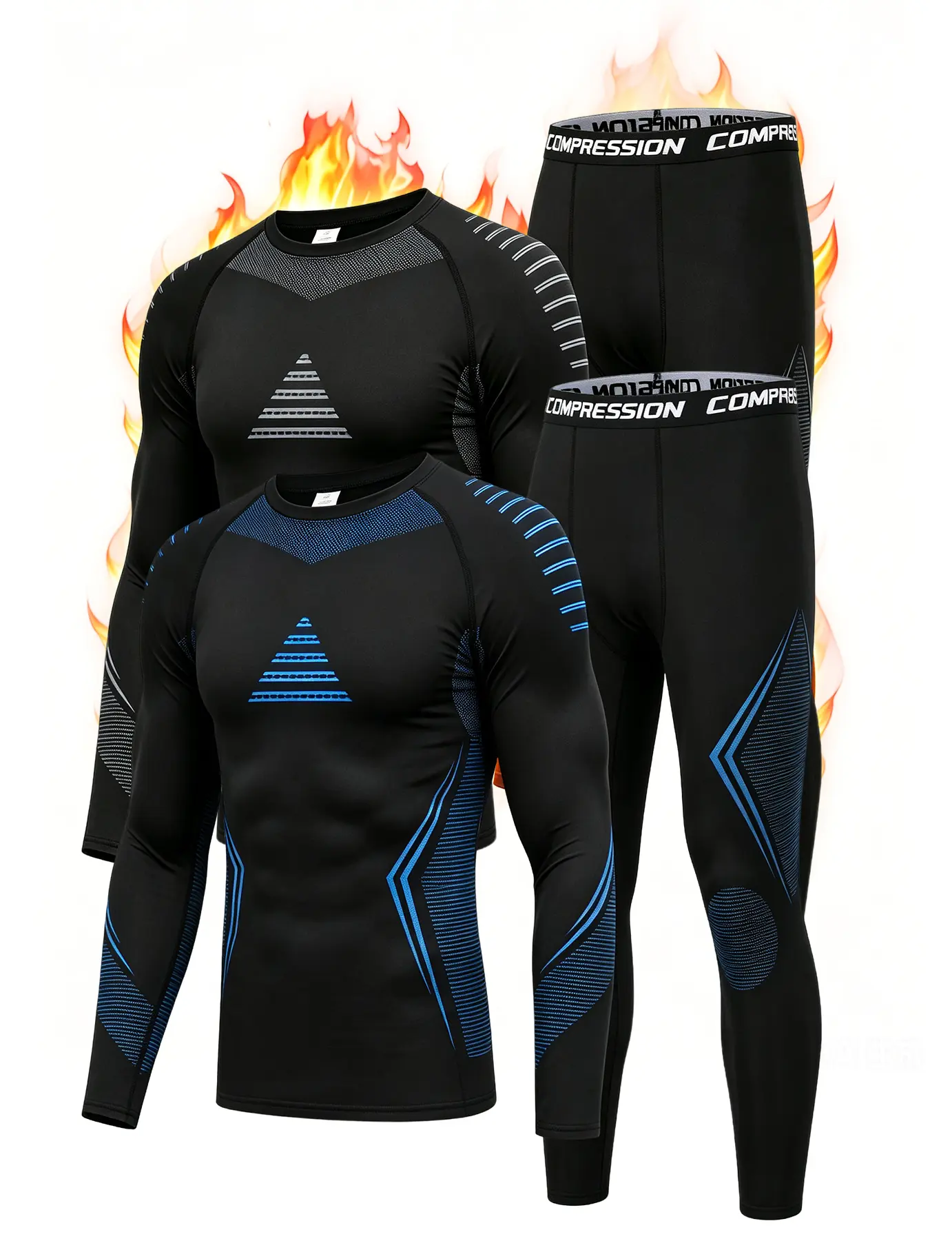 4 Pack Men's Thermal Compression Set, Fleece Lined Long Sleeve Shirt & Pants Base Layer, Cold Weather Athletic Underwear for Skiing Running Workout Basketball
