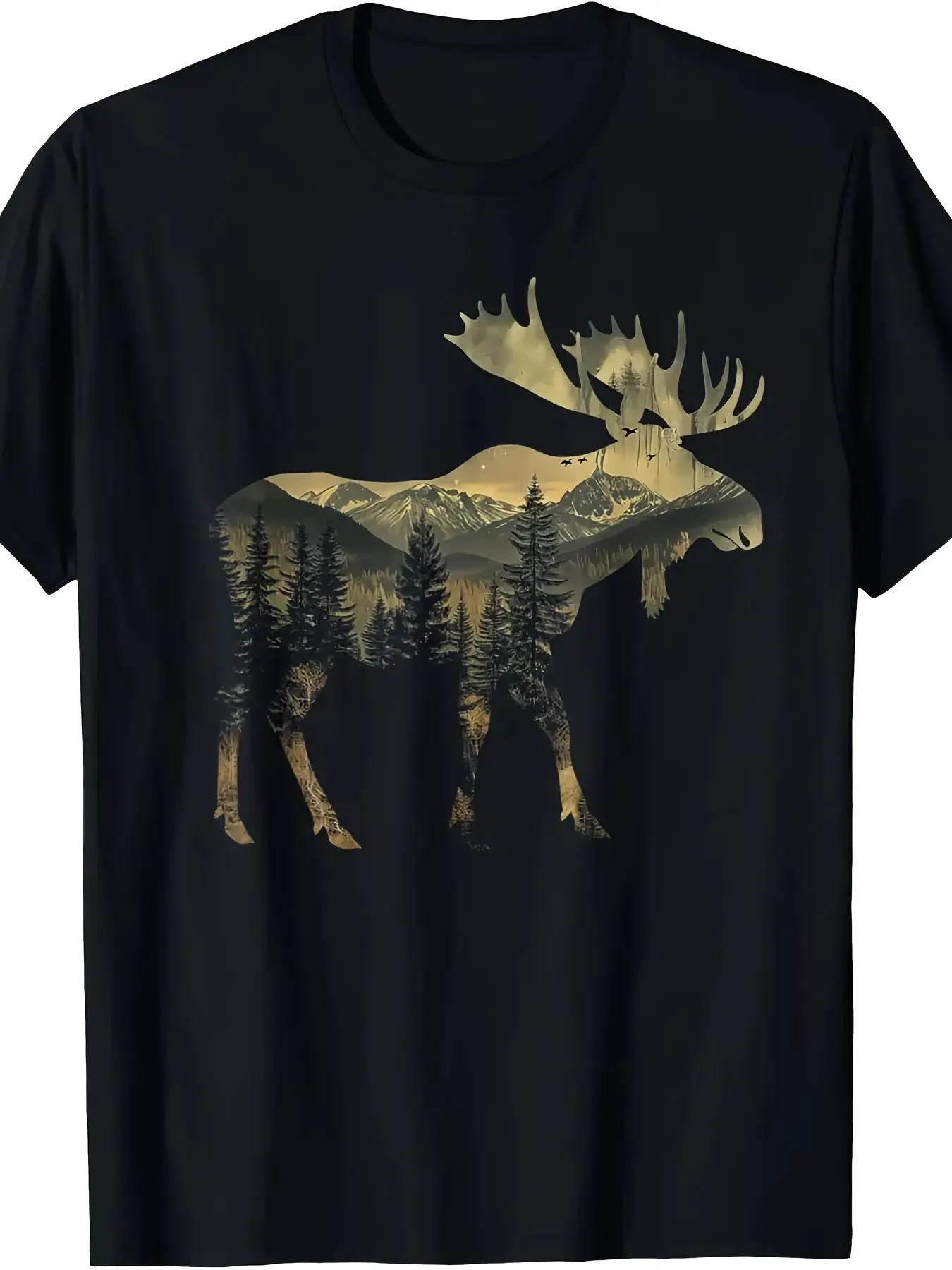 Men'S Vintage National Park T-Shirt - a Soft And Breathable Black Crew Neck Shirt Featuring a Moose And Mountain Scenery Design - a Comfortable Casual Outdoor Short-Sleeve Top, Perfect for Hiking, Hunting