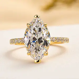 EffInny Jewelry 3.5ct Marquise Cut Golden Plated Engagement Ring, 925 Sterling Silver Promise Ring, 5A Cubic Zirconia Bridals Ring for Wedding, Party,Travel, Daily