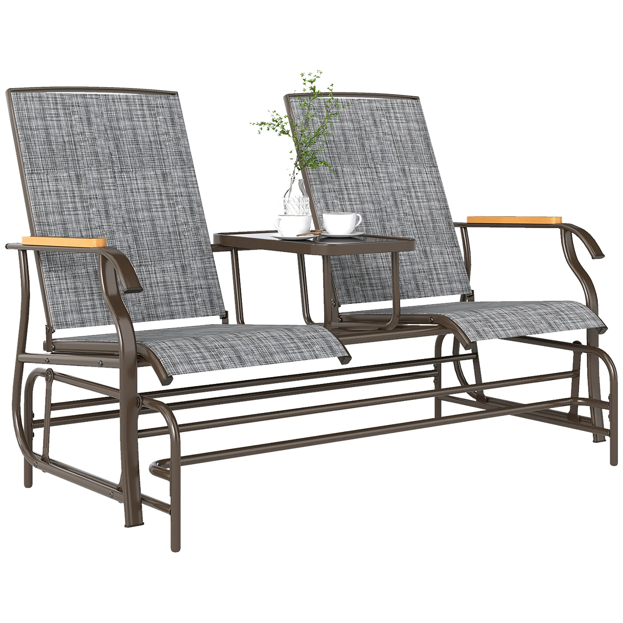 Loveseat Style Outdoor Glider with Center Console Table for Drinks Snacks Wipe Clean Top for Rooftop Terrace RV Campsite Backyard BBQ Summer Lounging