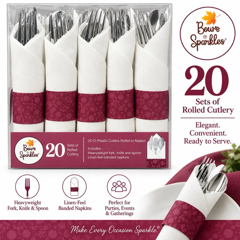 Bourré Sparkles 20-Count Plastic Cutlery Rolled in Napkins – Fork, Knife & Spoon Set