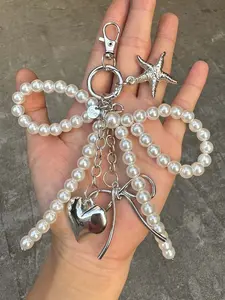 Niche design exquisite pearl string keychain, metal bow starfish pendant, sweet and fashionable pearl bow silver heart pendant car keychain pendant versatile bag pendant, shoulder bag crossbody bag small item keychain pendant, Trendy Cute Keychain