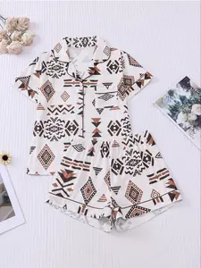 Women's Hamilton Musical Printed Pajama Set, Short Sleeve Button Front Top & Elastic Shorts, Casual Home Wear for All Seasons