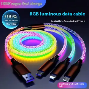 3-in-1 RGB Glowing Car Charging Cable 6A Super Fast Charger Cord Compatible with All iPhone Models Android Type-C Micro USB Colorful Light Up Data Cable Car Accessories edge products