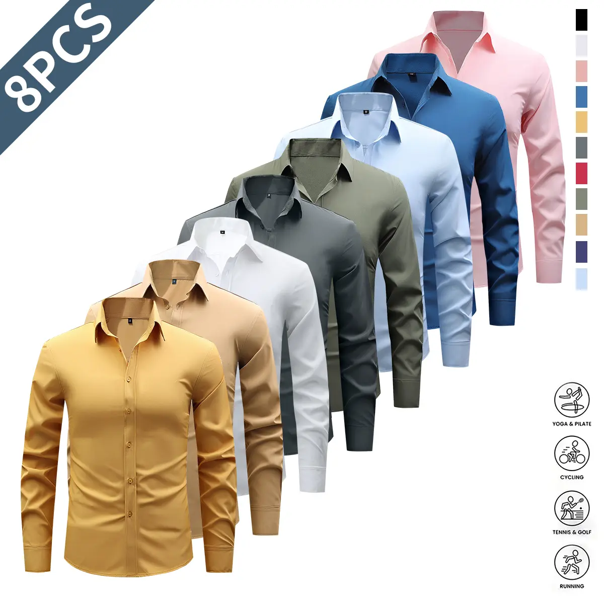 Men's 8-Pack Solid Fitted Dress Shirts, Long Sleeve Collared Button-Up in Stretch Fabric for Muscular Men, Casual & Business Basics, Menswear, Work Fashion