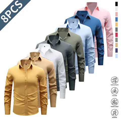 Men's 8-Pack Solid Fitted Stretch Long Sleeve Collared Button-Up Dress Shirts - For Muscular Men, Business Work Casual Basics Tops, Size M
