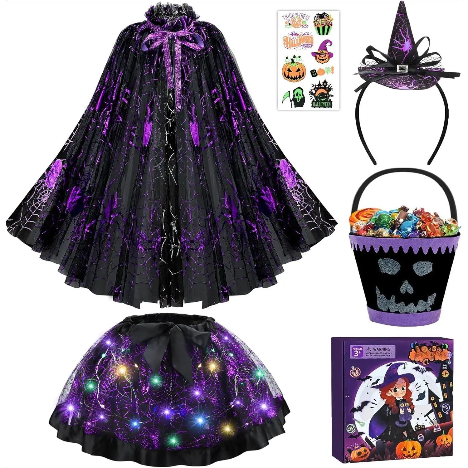 P-CPA08   Girls Halloween Costume - Spider Witch Cape With Light Up Tutu, Witch Headband, Trick or Treat Bucket Bag for Toddlers Ages 3-8