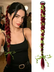 Burgundy Braided Ponytail Extension, Heat Resistant Silk Hair, Forest Style with Vine Decor, Easy to Wear, Ideal for Events
