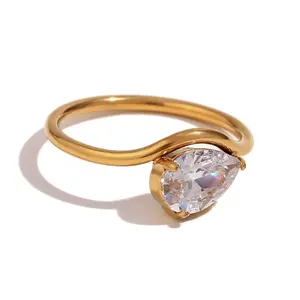 Hannah Pear Ring - Stainless Steel Non Tarnish CZ Ring with 18K Gold PVD Coating & Teardrop Shape for Everyday Wear