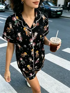 Anime Print Pajama Set, Loungewear, Nightwear, Pjs, Soft Fabric, Cute Q-Style Characters, Cozy and Healing, All Seasons, Loose-Fit, Short Sleeve