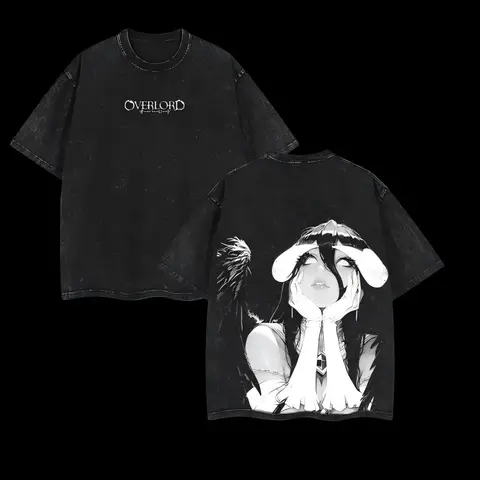 valentine shirts Albedo Overlord Anime Double Printed Vintage Washed Tee Unisex Oversize Anime Manga Washed Heavyweight Cotton T-shirt