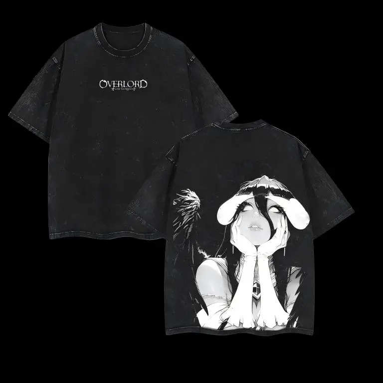 valentine shirts Albedo Overlord Anime Double Printed Vintage Washed Tee Unisex Oversize Anime Manga Washed Heavyweight Cotton T-shirt