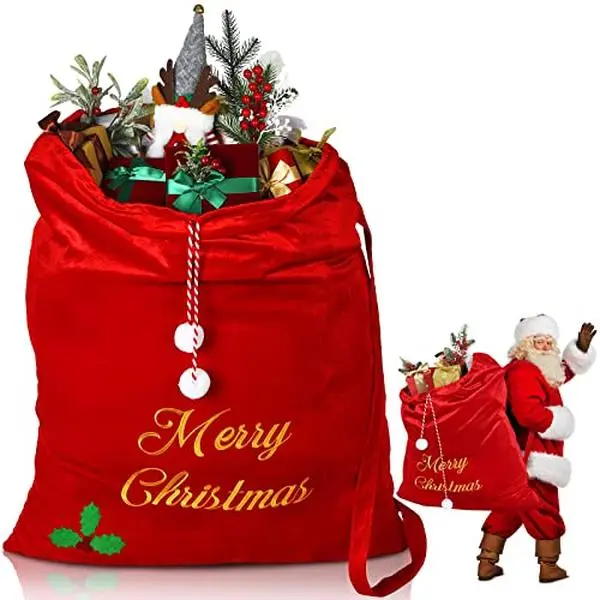 Christmas Red Large Santa Drawstring Bags 36 x 30 Inch Jumbo Velvet Santa Bag Christmas Extra Large Gift Bags for Xmas Gift Stuffer Package Supplies