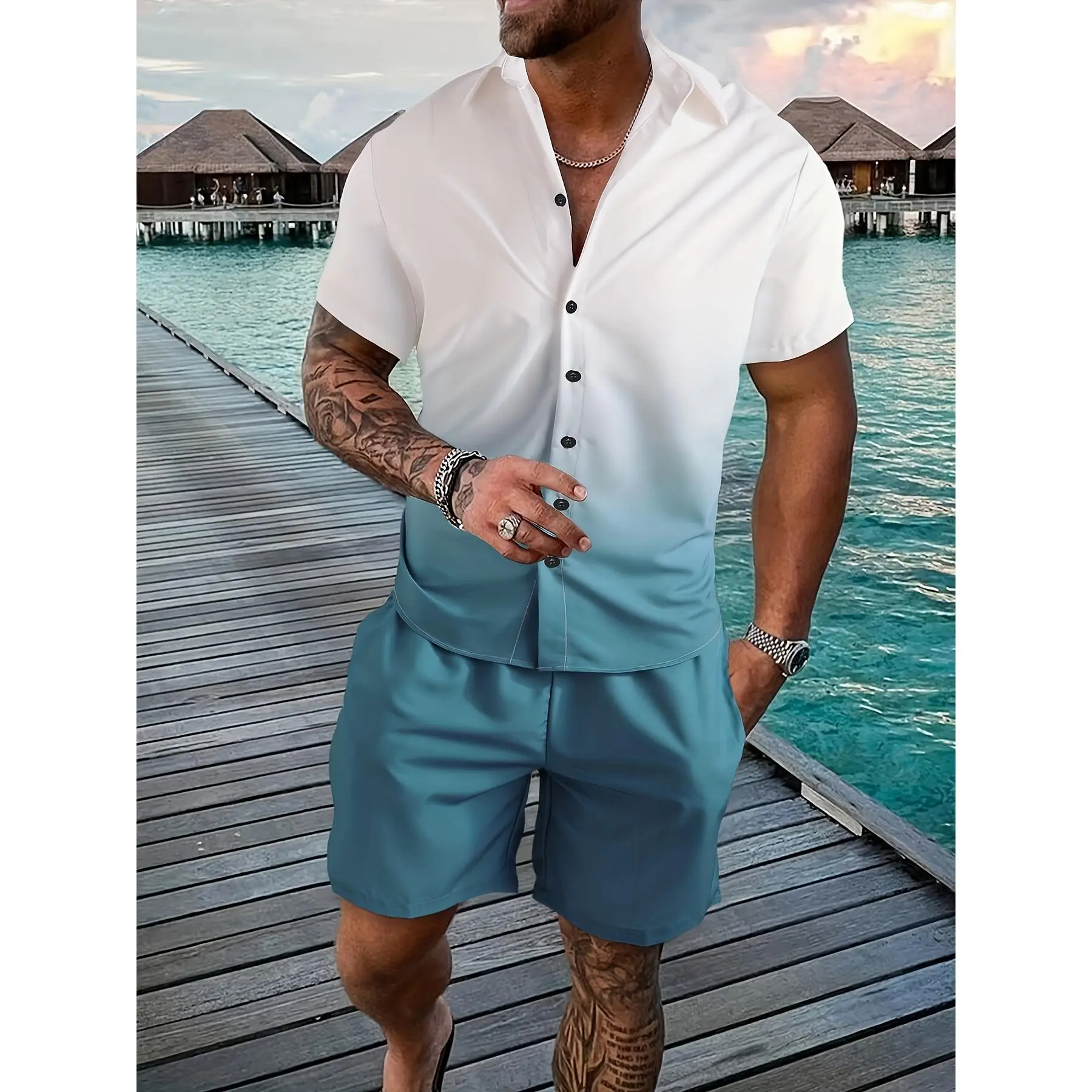 CONJUESS Men's Gradient Short Sleeve Button-Up Shirt & Solid Black Drawstring Shorts Set - Casual, Breathable Polyester, Machine Washable - Perfect for Summer