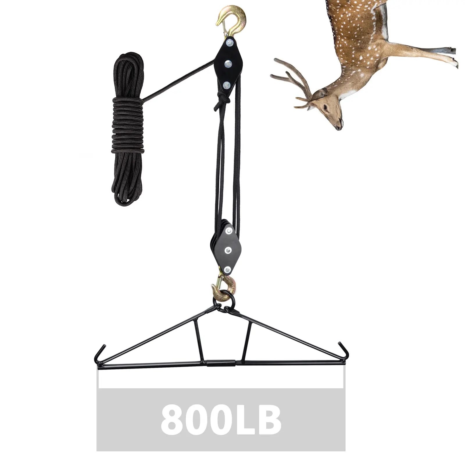Powder Coated Steel Deer Hanger & Game Hoist, Foldable Pulley Lift System with Gambrel Hook for Hunting, Heavy Duty 800LB Capacity, 4:1 Ratio