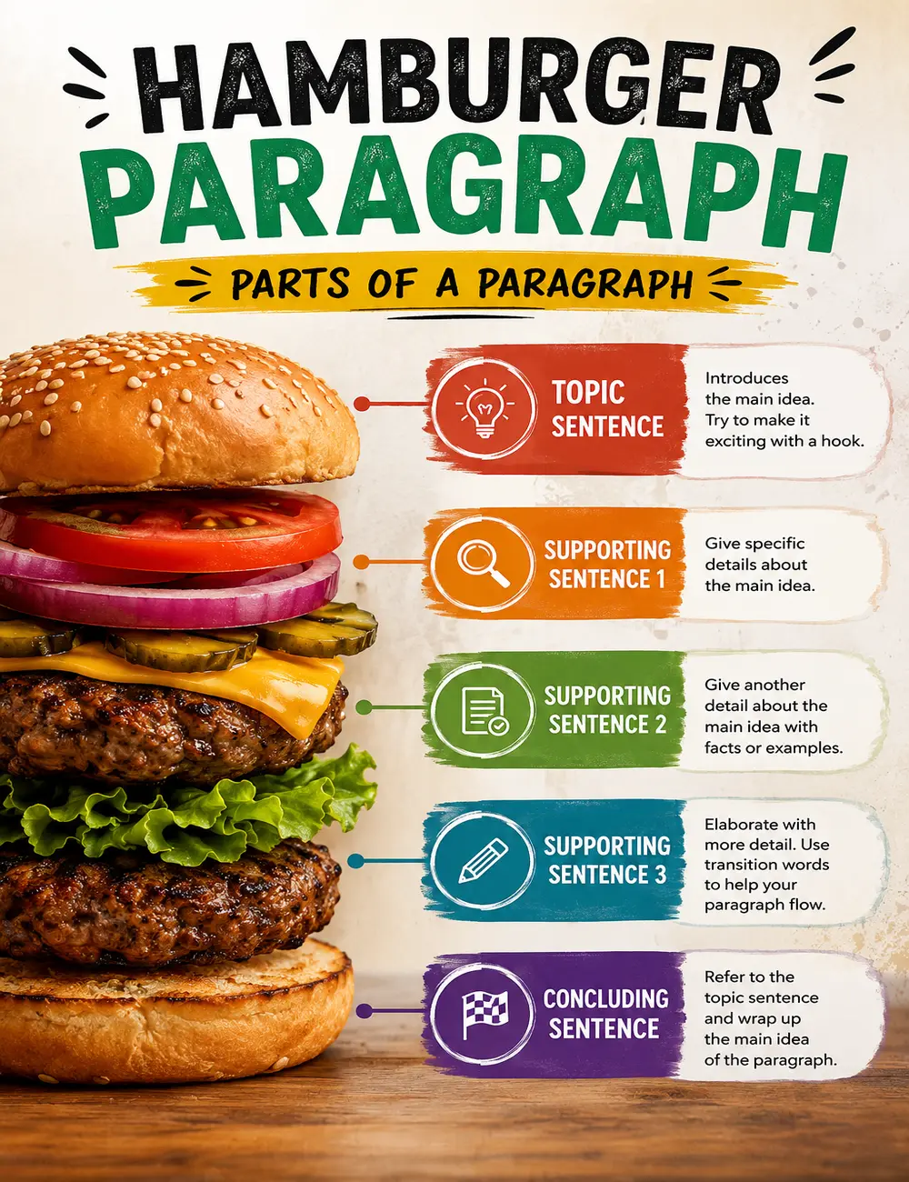 Hamburger Paragraph Poster, Parts of a Paragraph Classroom Anchor Chart, Writing Process Poster, Paragraph Structure Wall Art, Topic Sentence Supporting Sentences Concluding Sentence Chart, English Language Arts Classroom Decor, ELA Writing Anchor Chart