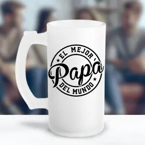 El Mejor Papa del Mundo Frosted Glass Mug 16oz Thick Glass Beer Mug for Dad Husband or Friend Durable Matte Finish Cold Drinkware Trending TikTok Gift for Men Classic Frosted Design