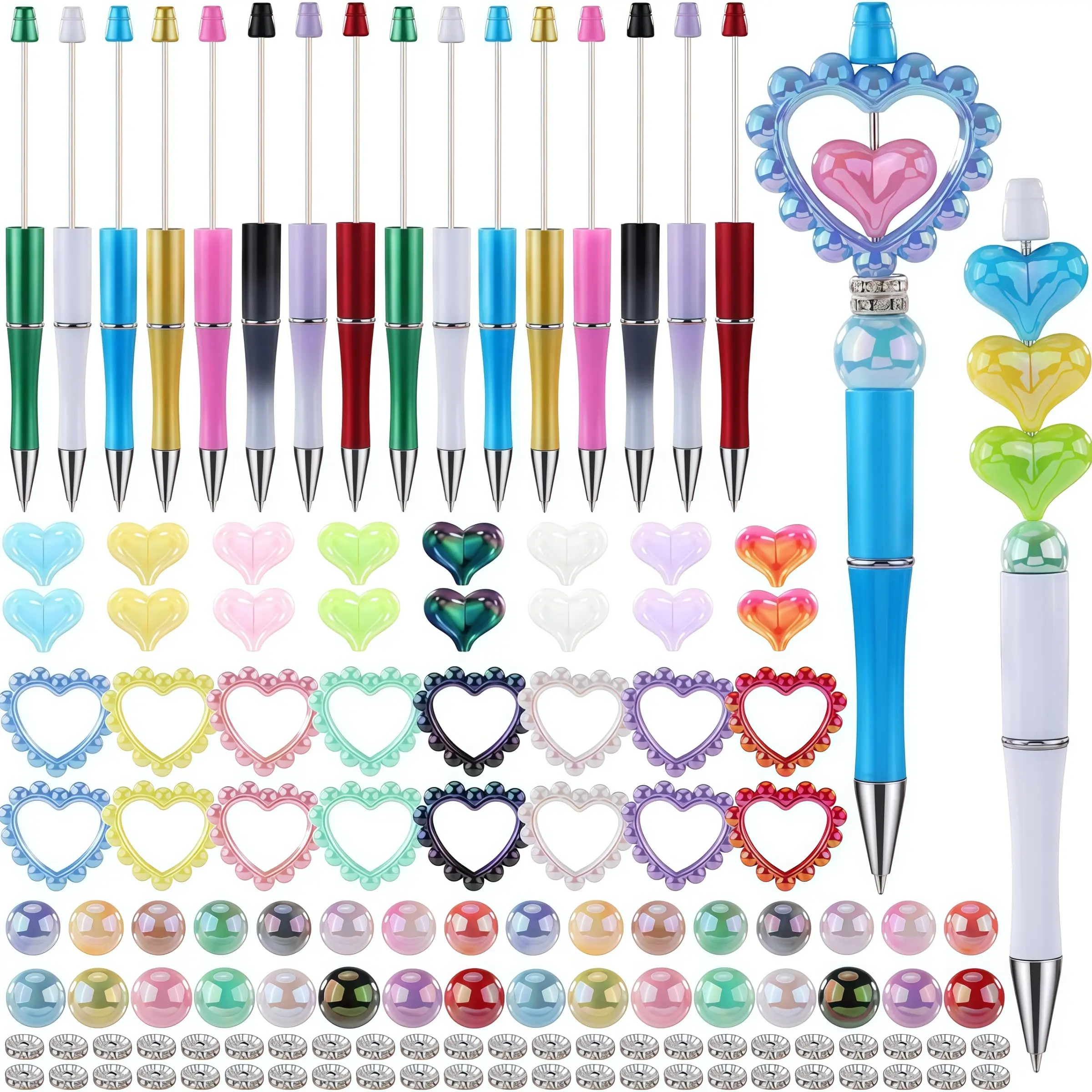 130-Piece Creative Beaded Pen Set, Adorable Colorful Heart Shape, Includes 16 Pens, Heart Beads & Spacers, DIY Writing Tool Kit, Gift Pen, Unique Pens, Beadable Pens, Novelty Pens, Stationery Supplies