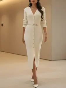 Spring Women's Elegant Knit Dress, V Neck Slim Fit, Plain Design, Belted, Soft Comfortable, Casual & Office Wear