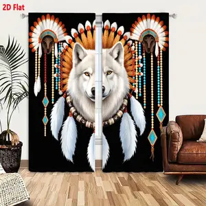 2D Flat White Wolf with Yellow Eyes in Native American Headdress with Brown/White Feathers & Red/Orange Accents, Two Brown Animal Masks, Beaded Necklaces (Blue/White/Brown Beads, White Feathers), Blue Diamond Charms & Red Strings, Black Background