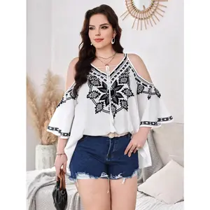 Women's Plus Size Boho Blouse Cold Shoulder 3/4 Sleeve V Neck Summer Tops