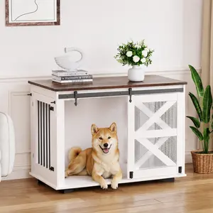 47.2" Multi-Functional Mobile Pet Kennel - Wood Crate Houses, Flip-Top Feeding Door, Dual-Access, 5-Caster System (2 Locking), Side Hooks, Double Dog Furniture