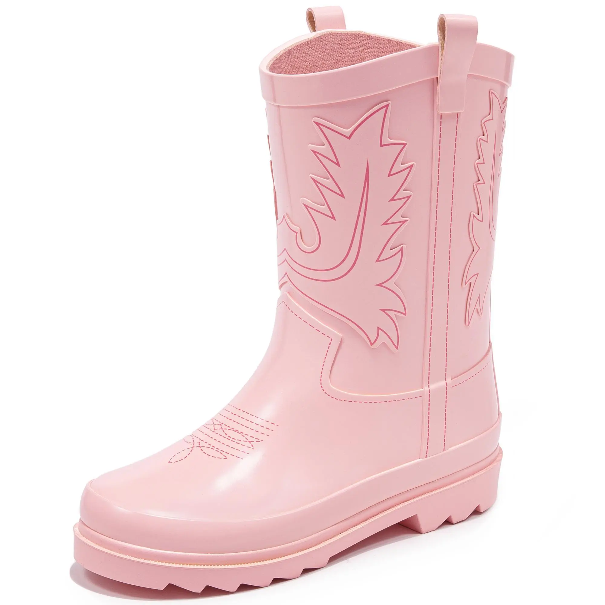 Kids' Cowboy Rain Boots, Mid-Calf (Above the Ankle But Below the Knee) Non-Slip Waterproof Rubber Boots with Round Toe, Comfy Fit, Pull Tabs for Easy On/Off, Toddler to Big Kid, Ideal for Mud Puddles, Gardening
