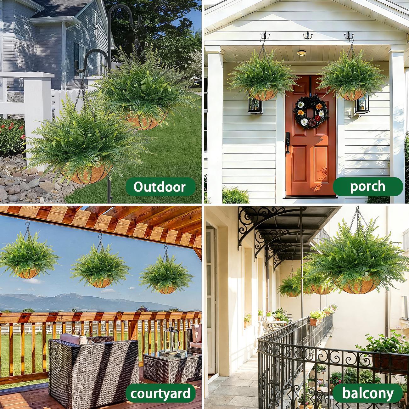 2 Set Artificial Hanging Fern Plants Outdoor Fake Hanging Ferns Planter, Includes Hanging Flower Basket And Artificial Fern, UV Resistant Faux Fern Plant Basket For Outdoors Patio Garden Home Decor