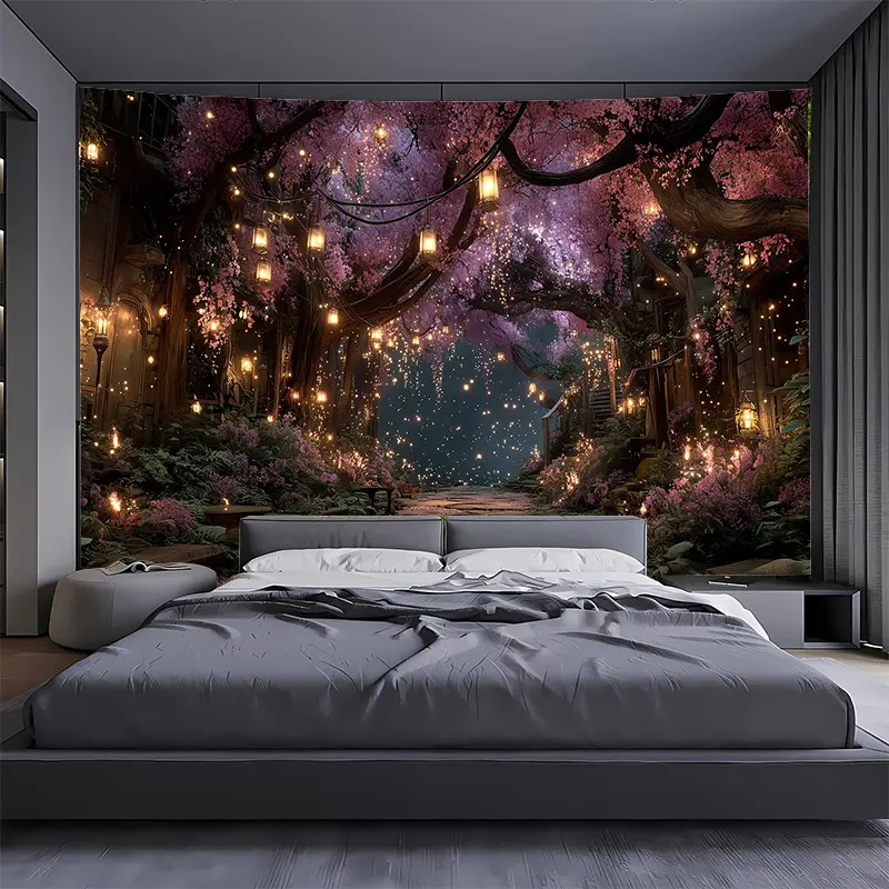 1pc Magical Forest Tapestry - Enchanted Purple Cherry Blossom Trees & Glowing Lanterns Wall Hanging, Horizontal Fantasy Landscape Decor for Living Room, Bedroom, Photo Studio Backdrop - No Electricity Needed, Easy Hang Installation - Indoor/Outdoor Use, H
