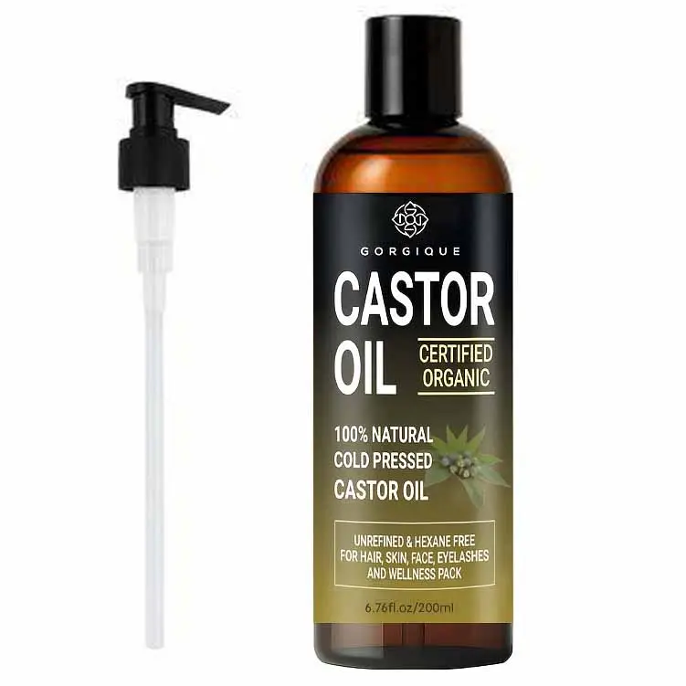 GORIQUE Organic Castor Oil for Hair, Skin & Eyelash Care, Cold Pressed & Hexane Free Castor Oil with Pump Applicator, Deep Moisture Care for Dry Hair & Smooth Looking Skin, Multi-Use Beauty Oil for Women & Men 200ml