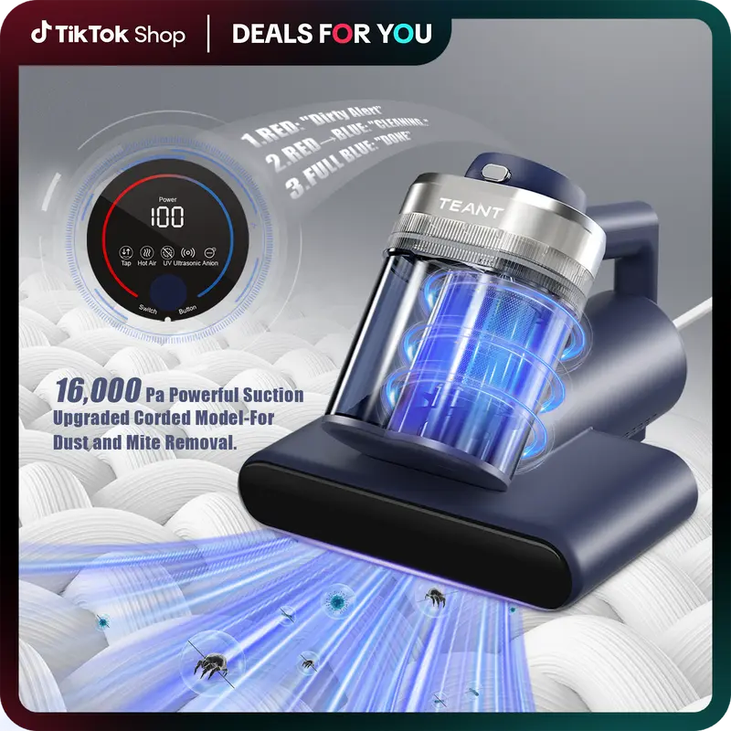 Teant Mattress Vacuum Cleaner for Dust Mites Removal, 16Kpa Powerful Suction, UV-C Light & 149°F Hot Air Sterilization, with Aroma Tablet & LED Display, Double-Cup Handheld Vacuum with HEPA Filter for Bed Couch SofaCarpet steam cleaner Lightweight