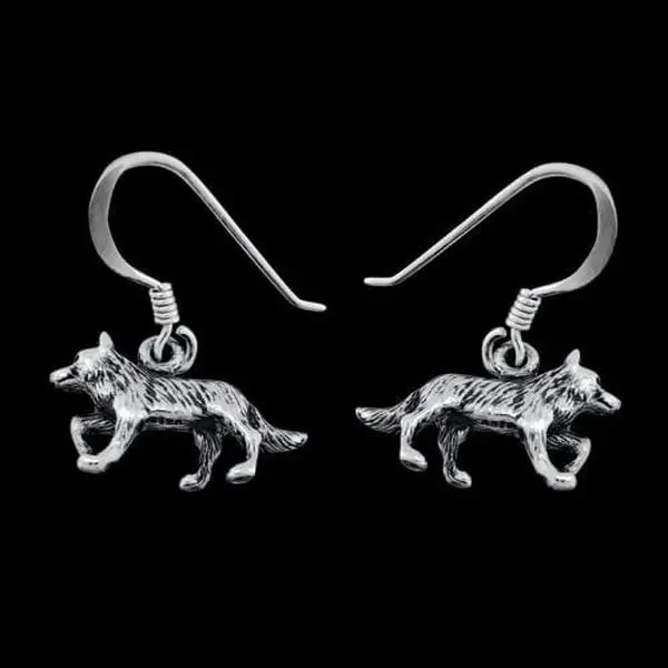 925 Sterling Silver Gray Wolf Dangle Earrings