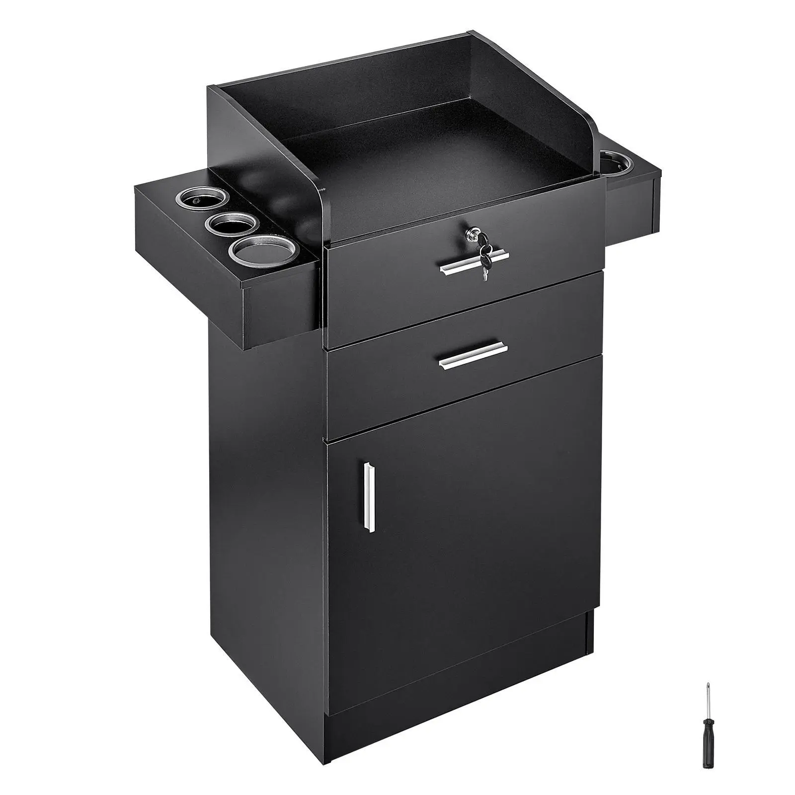 【SummerFinds】VEVOR Salon Organizer, TikTokShopBlackFriday, Hairdresser Workstation, Complete with 6 Holders, a Cabinet, and Dual Drawers (One with Lock), in Sleek Black
